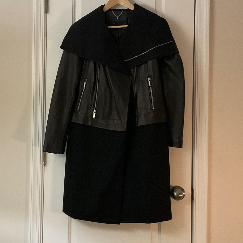 BCBGMaxAzria Black Leather & Wool Coat with Zipper Details - two coats in one